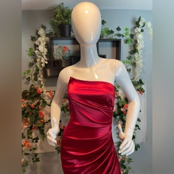 Strapless Asymmetrical Corset Satin Evening Dress One shoulder Red M RfI036-2 - Picture 6 of 11